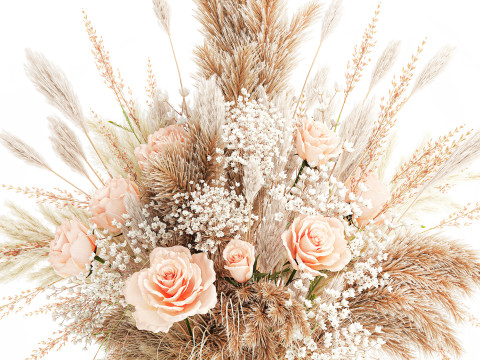 Buqu&ecirc; de flores secas pampas rosa vaso de vidro decora&ccedil;&atilde;o Modelo 3D