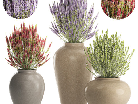 जंगली फूलों के गुलदस्ते कैलुना लैवेंडर संग्रह बर्तन फूलदान सेट 3D मॉडल