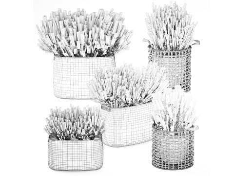 Conjunto Arbustos Flores Cestas Calluna Lavanda Alecrim decora&ccedil;&atilde;o Modelo 3D