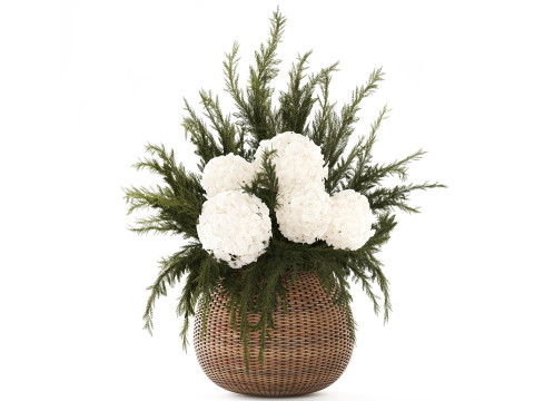 यथार्थवादी फूल गुलदस्ता जुनिपर शाखाएँ हाइड्रेंजिया फूलदान 3D मॉडल