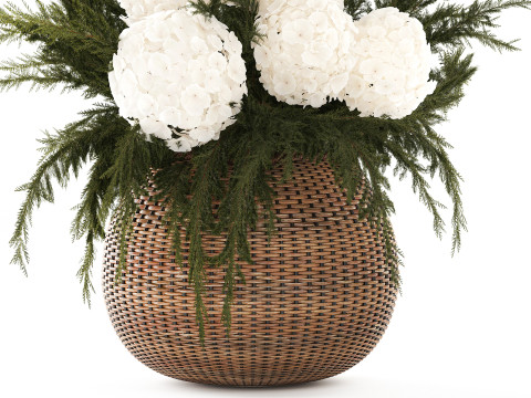 逼真的花束杜松树枝绣球花瓶 3D 模型