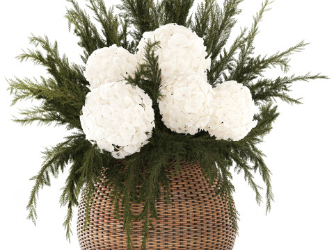 逼真的花束杜松树枝绣球花瓶 3D 模型