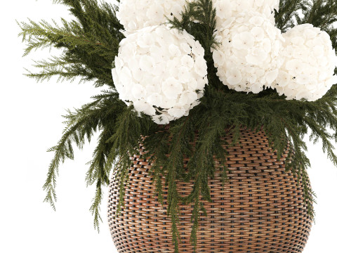 逼真的花束杜松树枝绣球花瓶 3D 模型