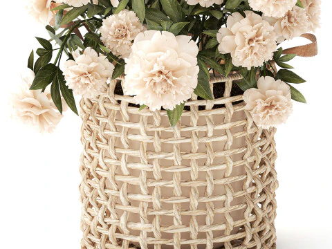 सफ़ेद पेनी फूल की झाड़ियाँ विकर फूलों की टोकरी सजावट 3D मॉडल