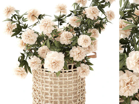 सफ़ेद पेनी फूल की झाड़ियाँ विकर फूलों की टोकरी सजावट 3D मॉडल