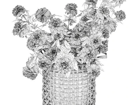 सफ़ेद पेनी फूल की झाड़ियाँ विकर फूलों की टोकरी सजावट 3D मॉडल