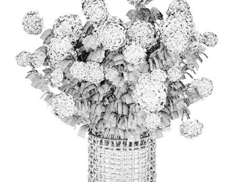 White Hydrangea flower bushes rattan basket decor pot 3D Model