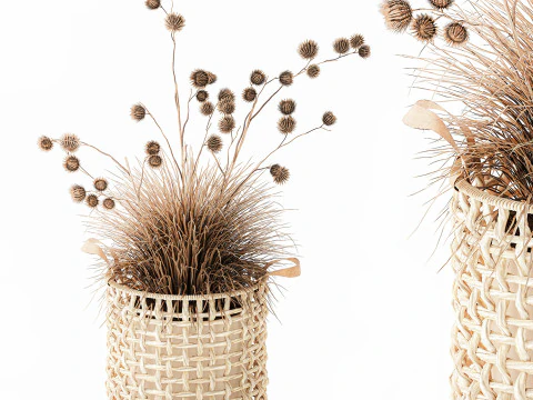 Dried Bush Grass Branches Thistle Thorns Basket decor 3D Model