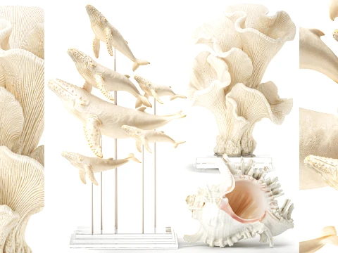 Conjunto marino ballena decoraci&oacute;n de figuras de concha de Coral blanco Modelo 3D