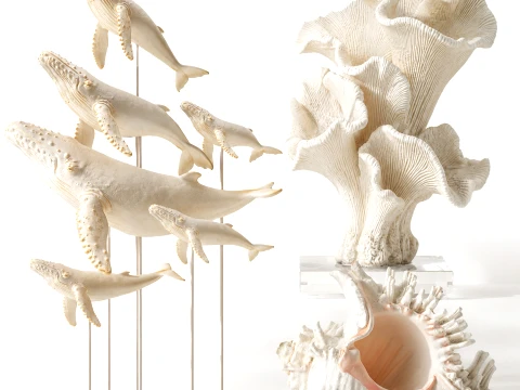Marine Set Whale White Coral Shell Figurines Decor 3D Model
