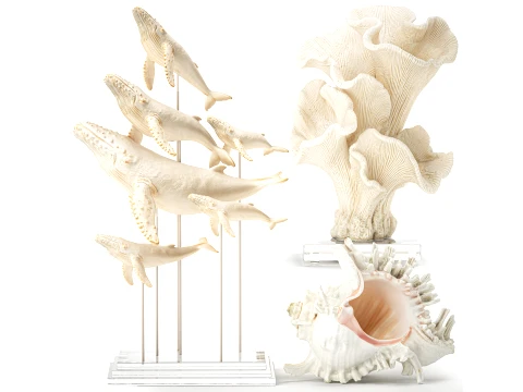 Marine Set Whale White Coral Shell Figurines Decor 3D Model