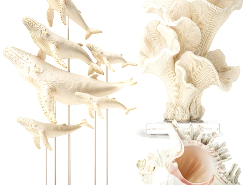 Marine Set Whale White Coral Shell Figurines Decor 3D Model