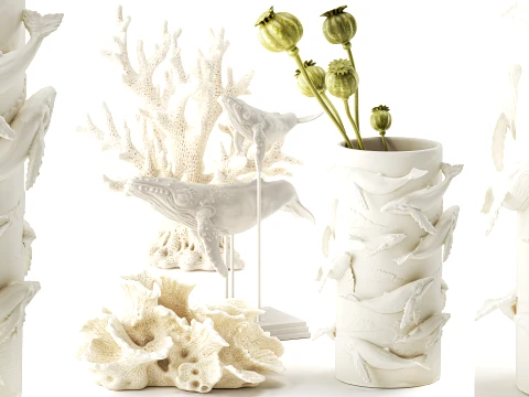 Vase whale coral bouquet dried flower branches poppy set 3D Model