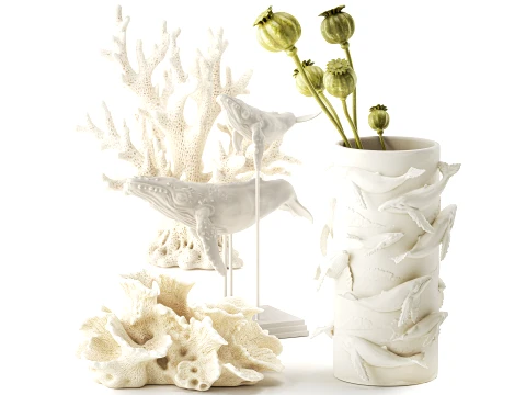 Vase whale coral bouquet dried flower branches poppy set 3D Model
