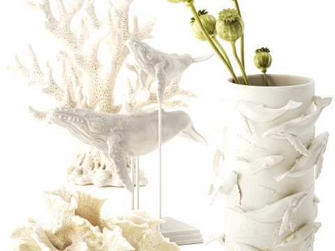Vase whale coral bouquet dried flower branches poppy set 3D Model