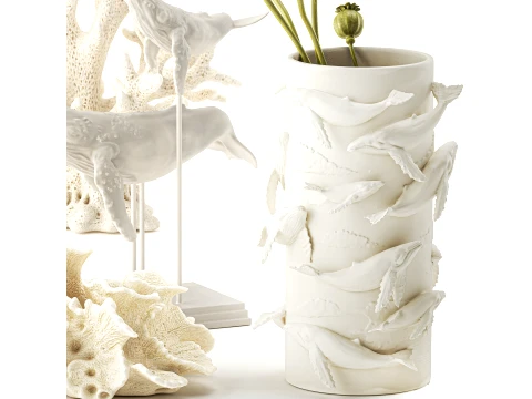 Vase whale coral bouquet dried flower branches poppy set 3D Model