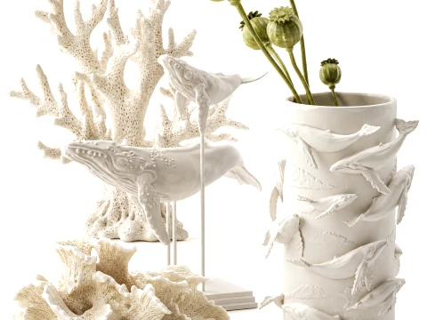 Vase whale coral bouquet dried flower branches poppy set 3D Model