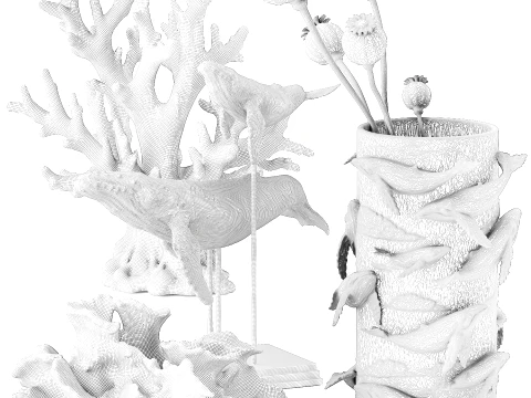 Vase whale coral bouquet dried flower branches poppy set 3D Model