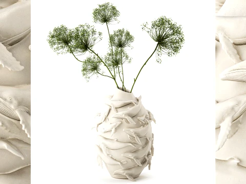 Bouquet Branches de Berce Vase Blanc Figurine Baleine d&eacute;cor neuf Modèle 3D