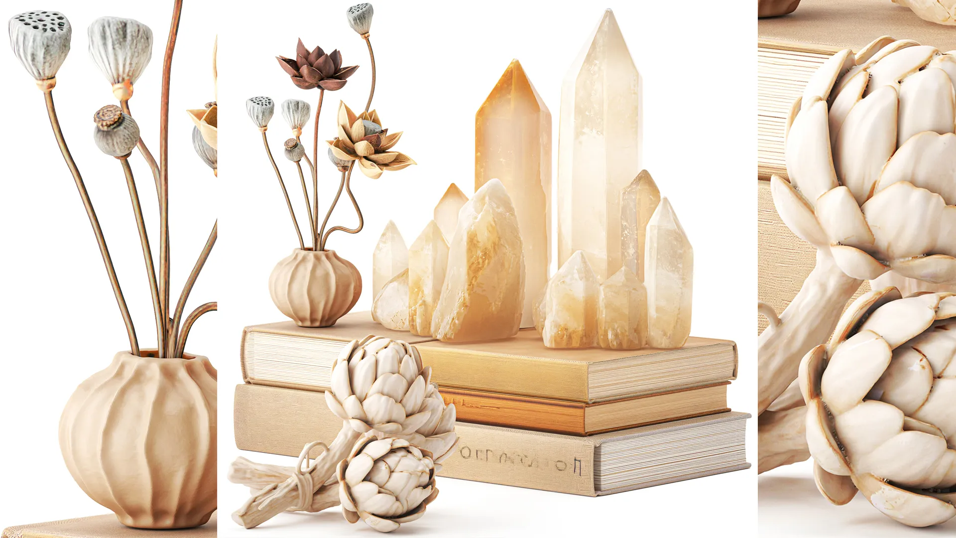Decor set vase bouquet poppy lotus crystals books figurines 3D Model .c4d .max .obj .3ds .fbx .stl .blend 
