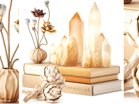 Set di decorazioni vaso bouquet papavero cristalli di loto libri figurine Modello 3D