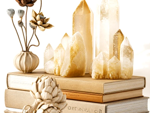 Decor set vase bouquet poppy lotus crystals books figurines 3D Model