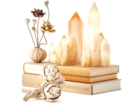 Decor set vase bouquet poppy lotus crystals books figurines 3D Model