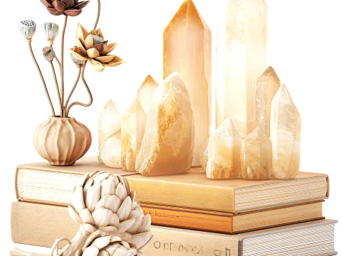 Decor set vase bouquet poppy lotus crystals books figurines 3D Model