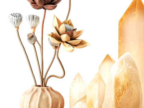 Decor set vase bouquet poppy lotus crystals books figurines 3D Model