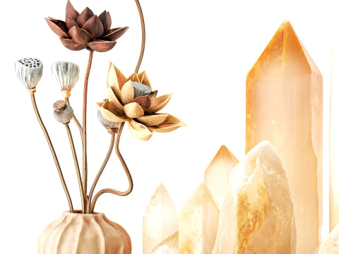 Decor set vase bouquet poppy lotus crystals books figurines 3D Model