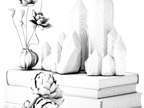 Decor set vase bouquet poppy lotus crystals books figurines 3D Model