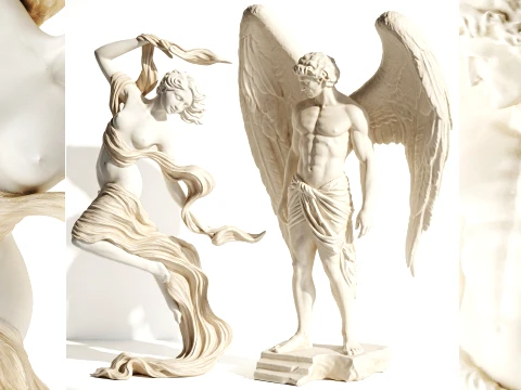 Estatuas blancas figuritas mujer ni&ntilde;a alas de &aacute;ngel hombre decoraci&oacute;n conjunto Modelo 3D