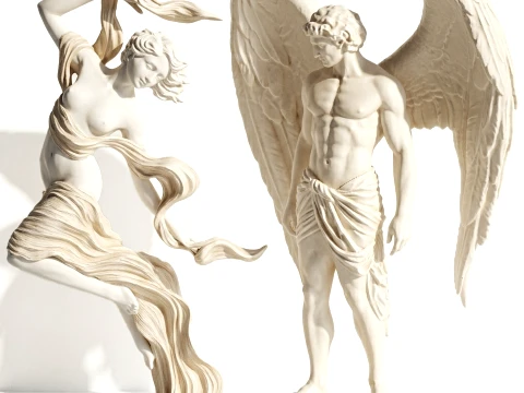 White statues figurines woman girl angel wings man decor set 3D Model