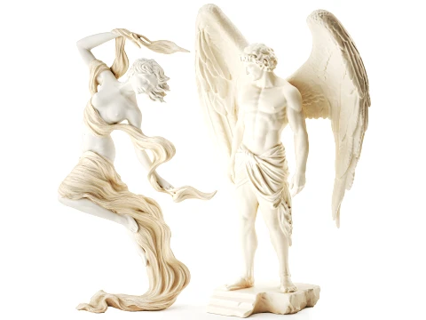 White statues figurines woman girl angel wings man decor set 3D Model