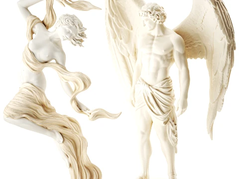 White statues figurines woman girl angel wings man decor set 3D Model