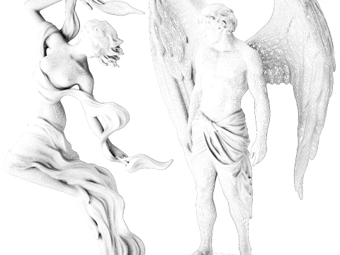 White statues figurines woman girl angel wings man decor set 3D Model