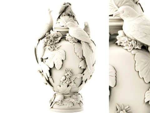 Jarr&oacute;n en relieve italiano cl&aacute;sico, figuras de p&aacute;jaros, pavo real, loros, hojas de parra Modelo 3D