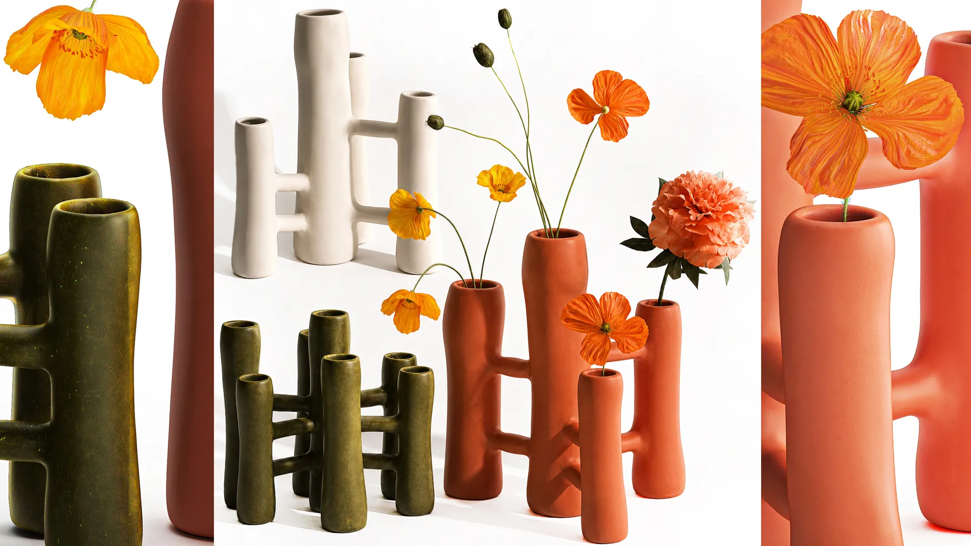 Bouquet lowers Italian ceramic vases poppy peony decor set 3D Model .c4d .max .obj .3ds .fbx .stl .blend 