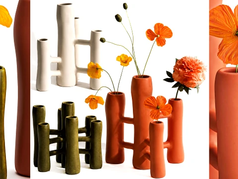 Buket menurunkan vas keramik Italia set dekorasi poppy peony Model 3D