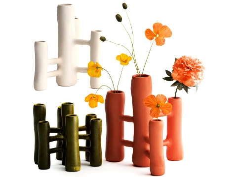 Bouquet lowers Italian ceramic vases poppy peony decor set 3D Model