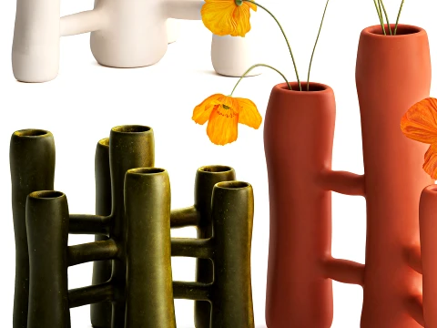 Bouquet lowers Italian ceramic vases poppy peony decor set 3D Model