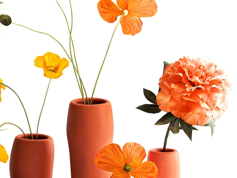 Bouquet lowers Italian ceramic vases poppy peony decor set 3D Model
