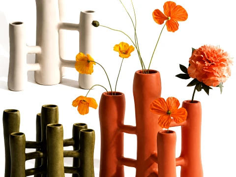 Bouquet lowers Italian ceramic vases poppy peony decor set 3D Model
