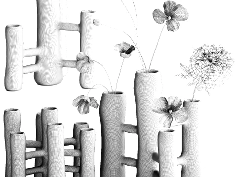 Bouquet lowers Italian ceramic vases poppy peony decor set 3D Model