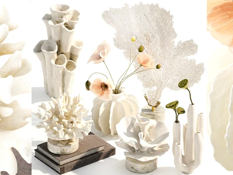 Conjunto de decoração de coral de estatuetas de decoração marinha buquê de papoula e lótus Modelo 3D