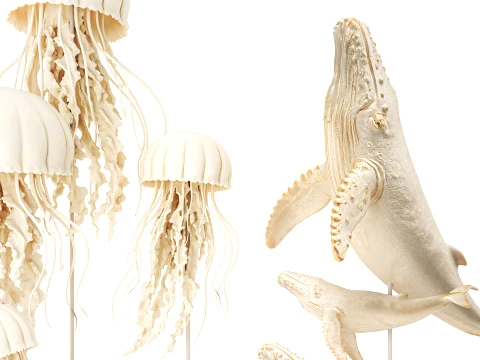 Marine White Set Figurines Whale Jellyfish Decor top new 3D Model