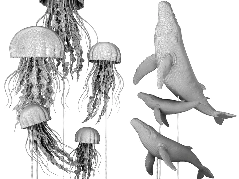 Marine White Set Figurines Whale Jellyfish Decor top new 3D Model