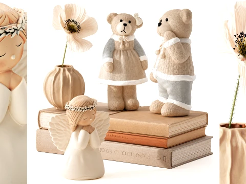 Set da tavola vaso bouquet papavero orsacchiotto angelo libri Figurina Modello 3D