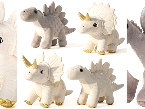 Koleksi mainan dinosaurus mewah putih lembut dekorasi atasan baru Model 3D