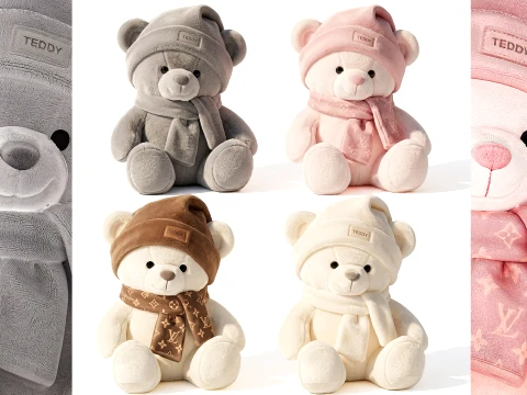 Set soft plush toy children teddy bear scarf hat decor 3D Model